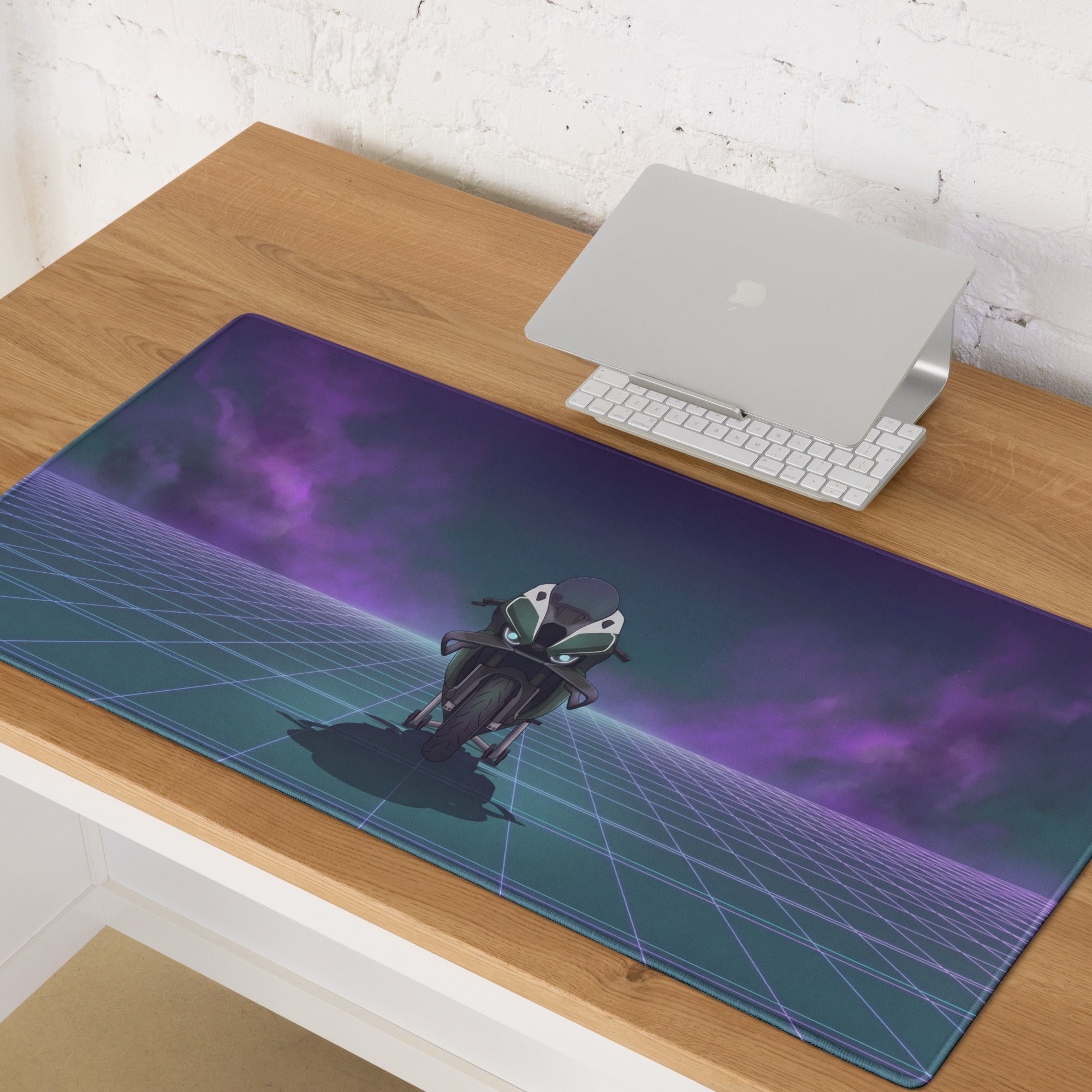 BMW M1000RR Inspired Green Purple Vaporwave Gaming Mouse Pad – Neon Grid Desk Mat, Moody Retro Futuristic Sportbike Digital Art