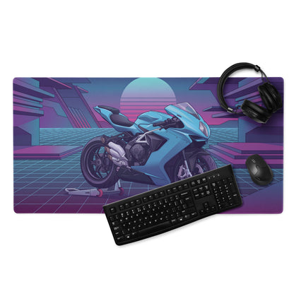 MV Agusta F3 Inspired Cyan Purple Vaporwave Gaming Mouse Pad – Neon Grid Sunset Desk Mat, Retro Futuristic Sportbike Digital Art