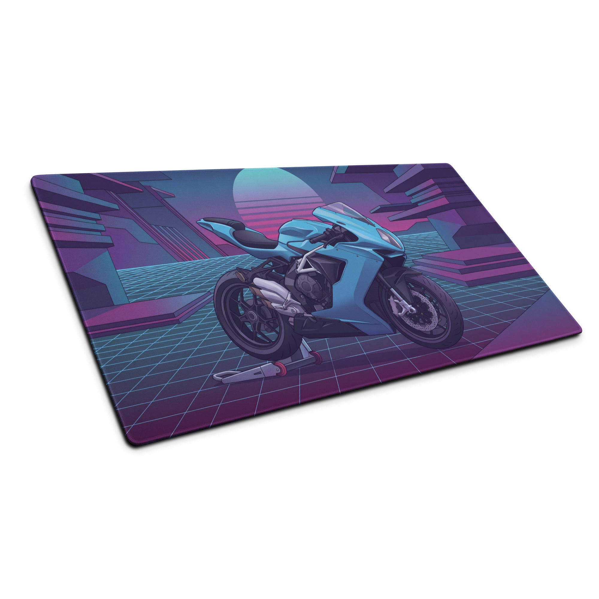MV Agusta F3 Inspired Cyan Purple Vaporwave Gaming Mouse Pad – Neon Grid Sunset Desk Mat, Retro Futuristic Sportbike Digital Art