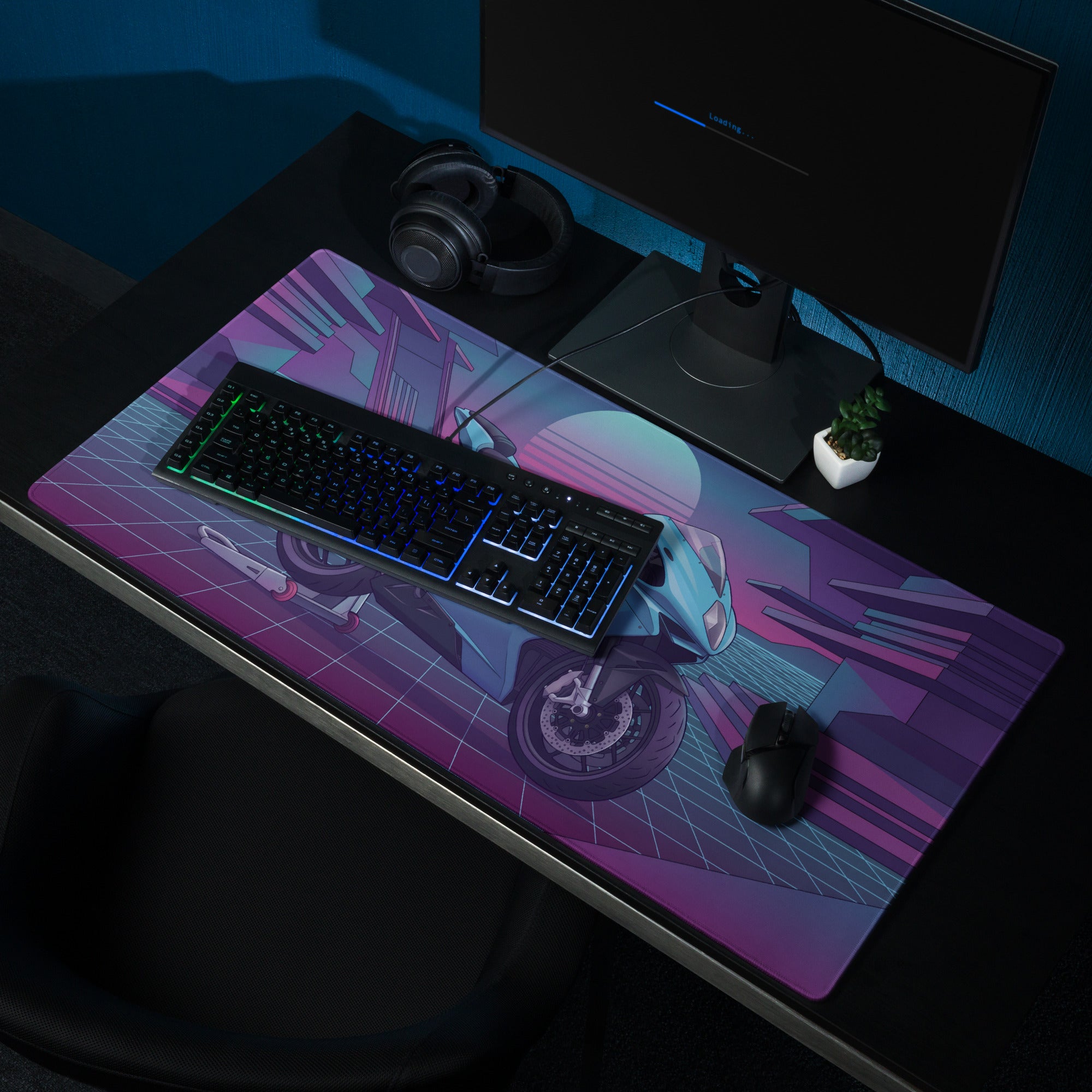 MV Agusta F3 Inspired Cyan Purple Vaporwave Gaming Mouse Pad – Neon Grid Sunset Desk Mat, Retro Futuristic Sportbike Digital Art