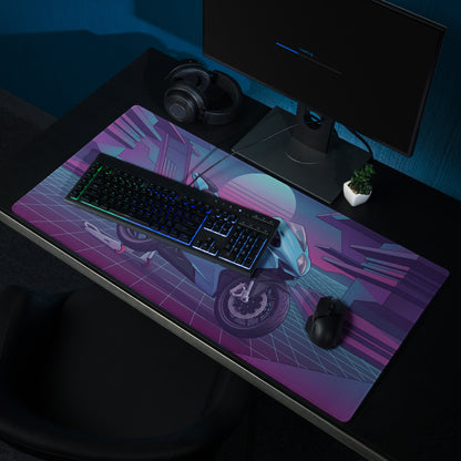 MV Agusta F3 Inspired Cyan Purple Vaporwave Gaming Mouse Pad – Neon Grid Sunset Desk Mat, Retro Futuristic Sportbike Digital Art