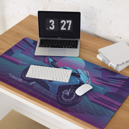 MV Agusta F3 Inspired Cyan Purple Vaporwave Gaming Mouse Pad – Neon Grid Sunset Desk Mat, Retro Futuristic Sportbike Digital Art