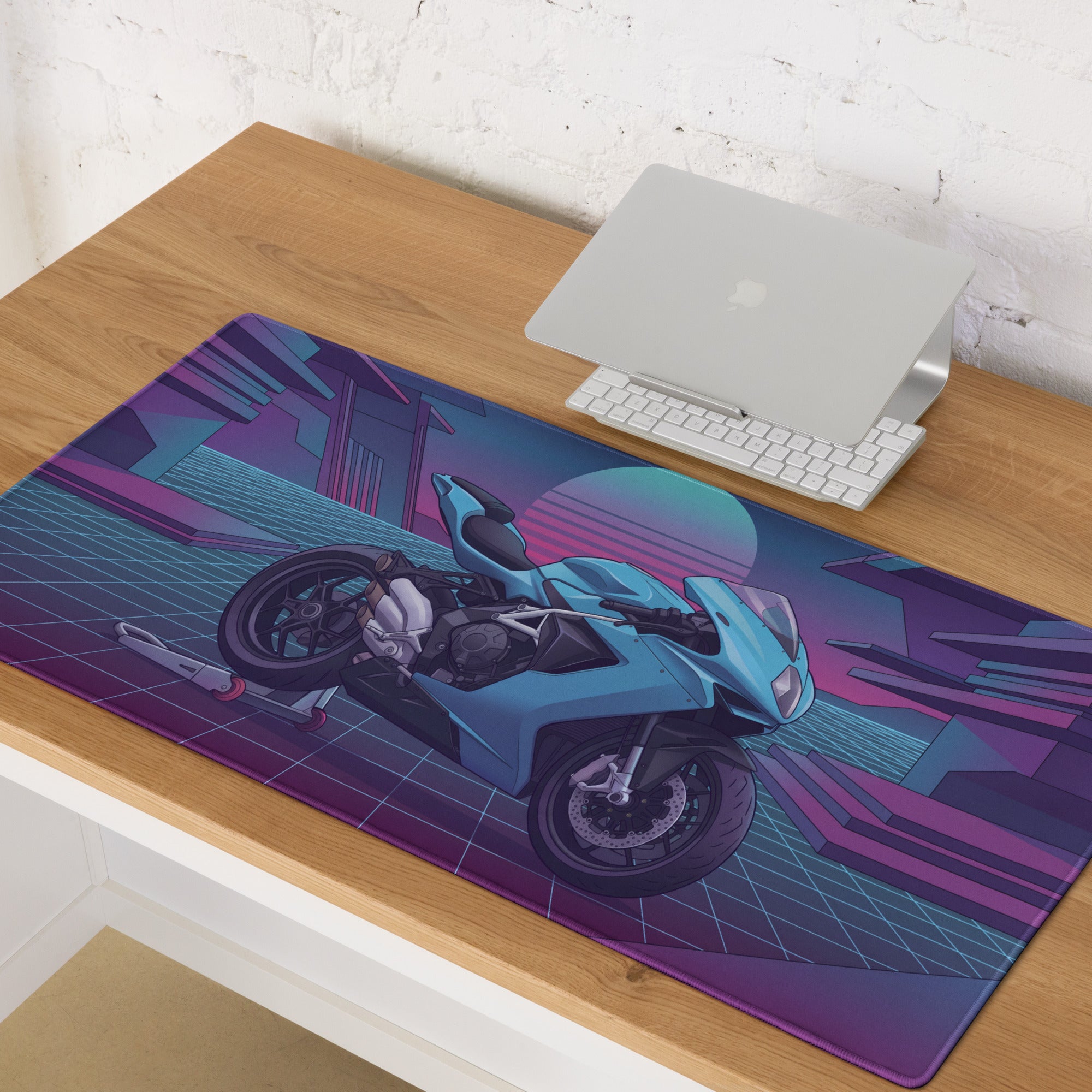 MV Agusta F3 Inspired Cyan Purple Vaporwave Gaming Mouse Pad – Neon Grid Sunset Desk Mat, Retro Futuristic Sportbike Digital Art