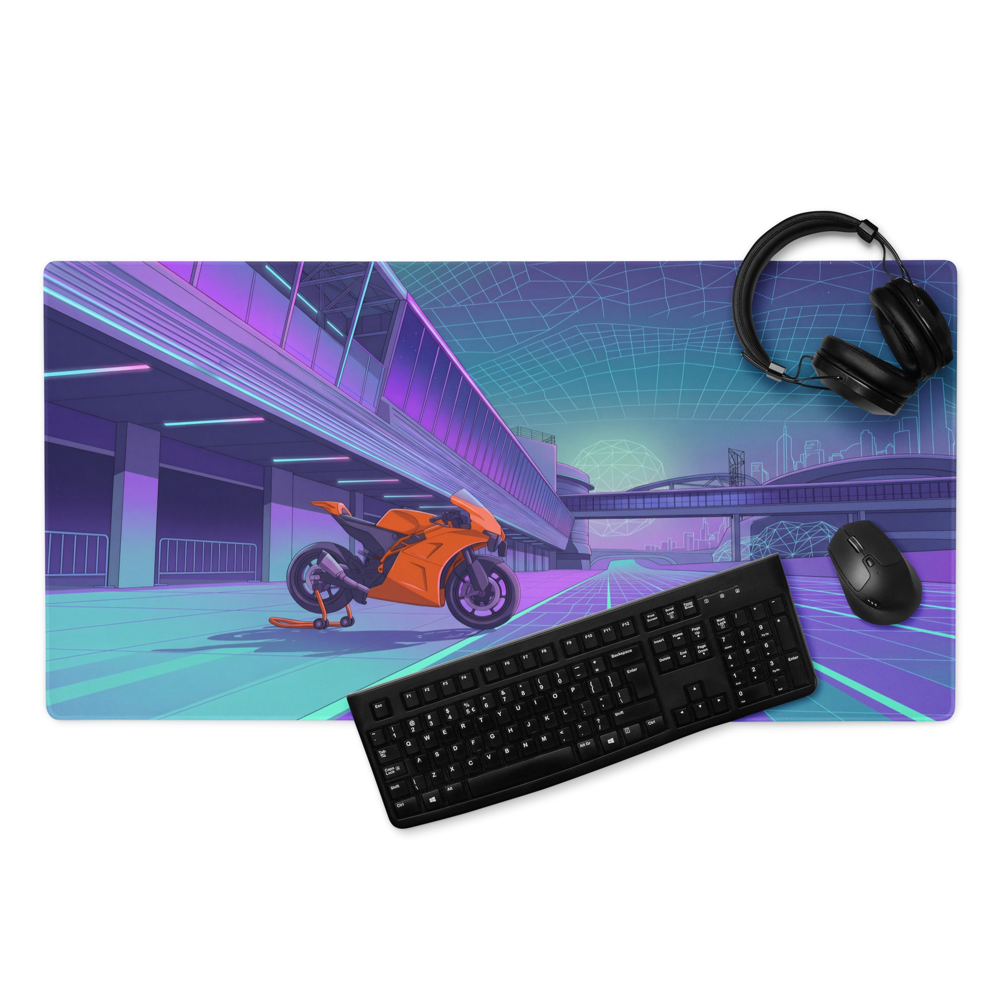 KTM RC 8C Inspired Orange Purple Vaporwave Gaming Mouse Pad – Neon Cyber City Desk Mat, Retro Futuristic Sportbike Digital Art