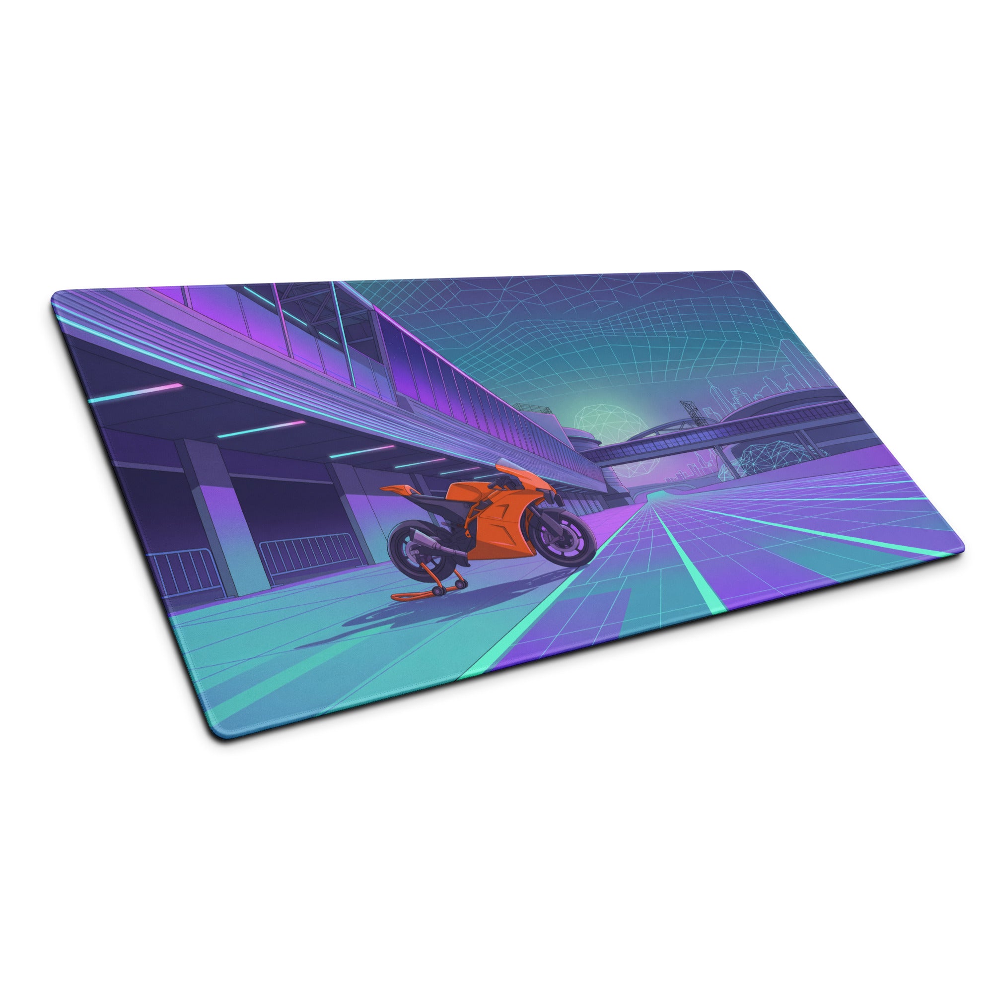 KTM RC 8C Inspired Orange Purple Vaporwave Gaming Mouse Pad – Neon Cyber City Desk Mat, Retro Futuristic Sportbike Digital Art