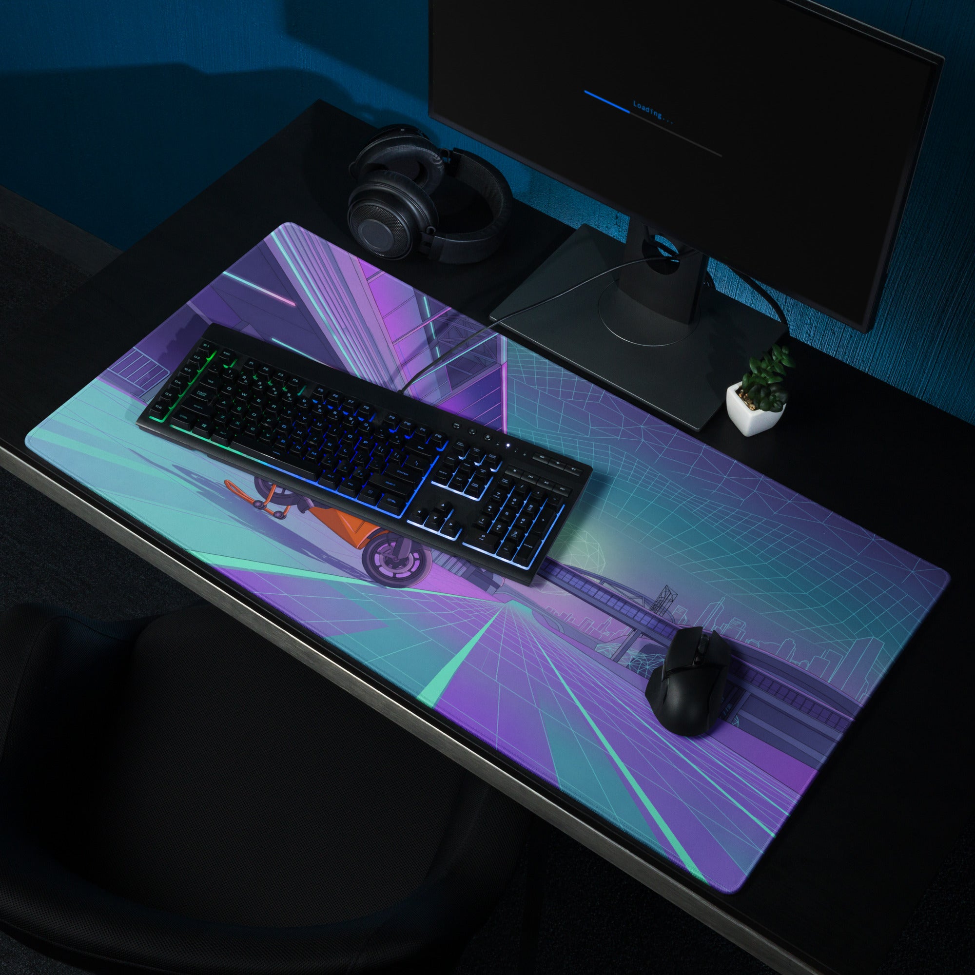 KTM RC 8C Inspired Orange Purple Vaporwave Gaming Mouse Pad – Neon Cyber City Desk Mat, Retro Futuristic Sportbike Digital Art