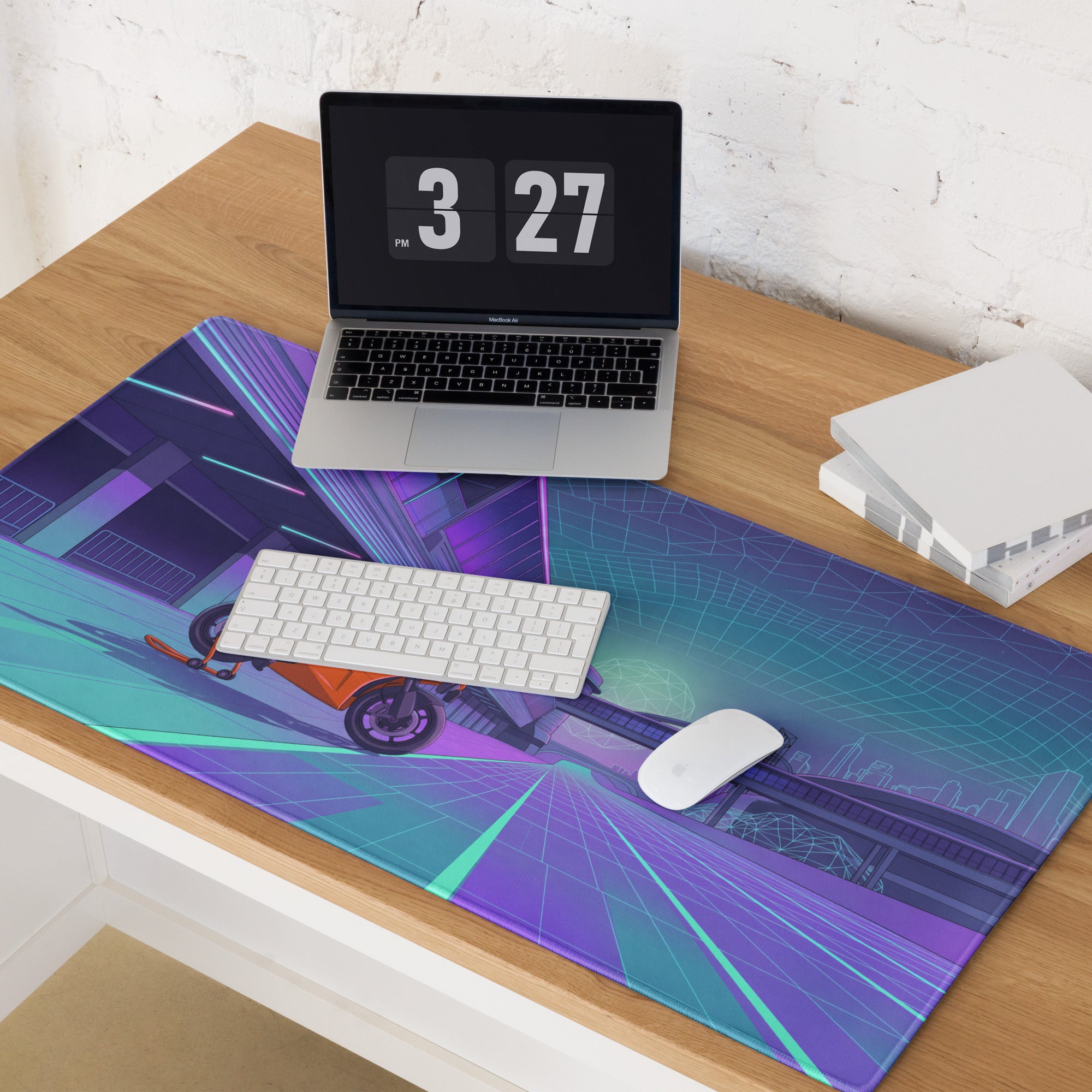 KTM RC 8C Inspired Orange Purple Vaporwave Gaming Mouse Pad – Neon Cyber City Desk Mat, Retro Futuristic Sportbike Digital Art
