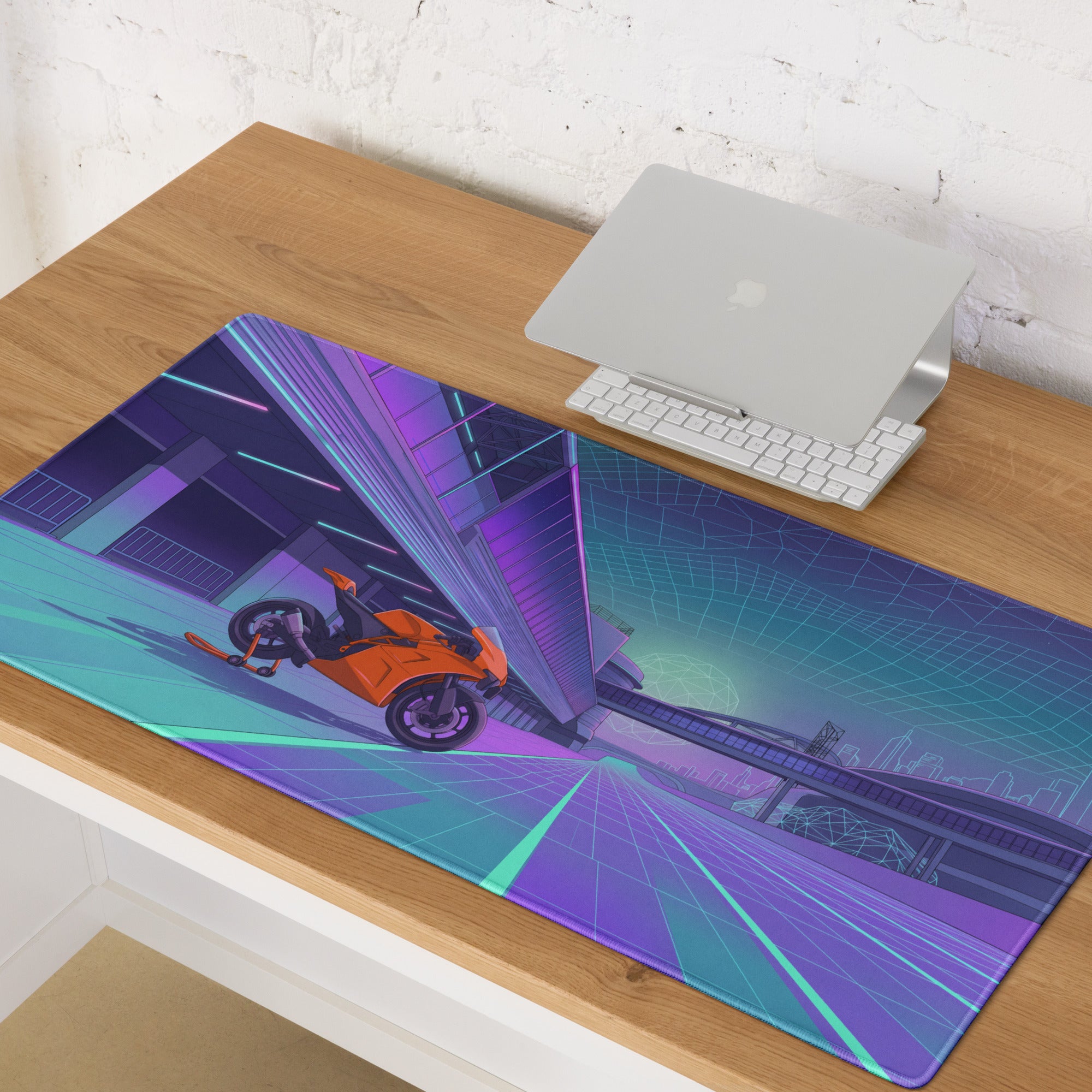 KTM RC 8C Inspired Orange Purple Vaporwave Gaming Mouse Pad – Neon Cyber City Desk Mat, Retro Futuristic Sportbike Digital Art