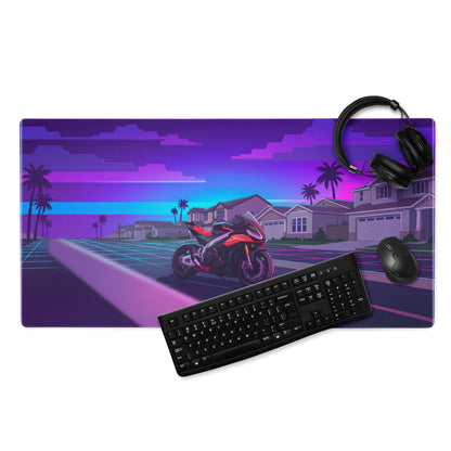 Aprilia RSV4 1100 Factory Inspired Red Purple Vaporwave Gaming Mouse Pad – Neon Suburban Street Desk Mat, Retro Futuristic Sportbike Digital Art