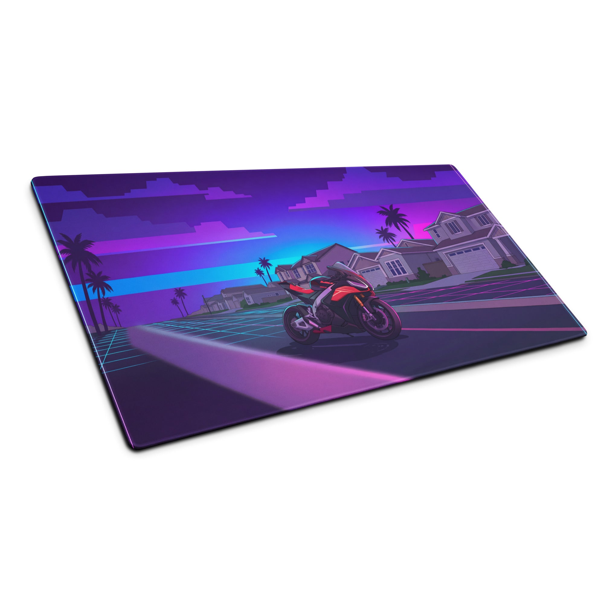 Aprilia RSV4 1100 Factory Inspired Red Purple Vaporwave Gaming Mouse Pad – Neon Suburban Street Desk Mat, Retro Futuristic Sportbike Digital Art