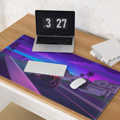 Aprilia RSV4 1100 Factory Inspired Red Purple Vaporwave Gaming Mouse Pad – Neon Suburban Street Desk Mat, Retro Futuristic Sportbike Digital Art