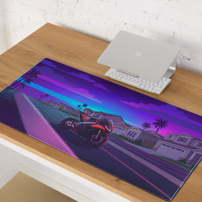 Aprilia RSV4 1100 Factory Inspired Red Purple Vaporwave Gaming Mouse Pad – Neon Suburban Street Desk Mat, Retro Futuristic Sportbike Digital Art