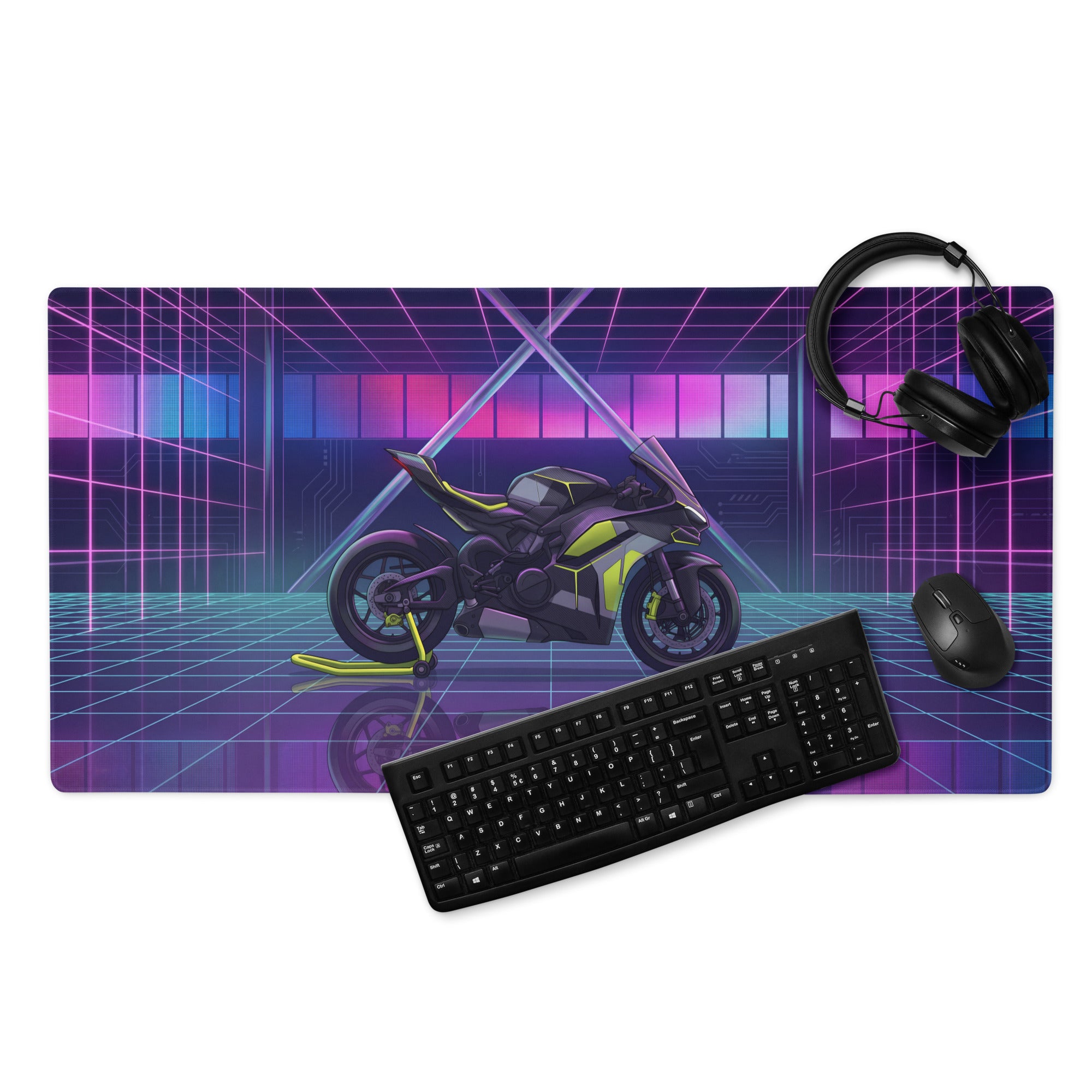 Ducati Panigale V4 Inspired Black Lime Vaporwave Gaming Mouse Pad – Neon Cyber Grid Desk Mat, Futuristic Synthwave Sportbike Digital Art