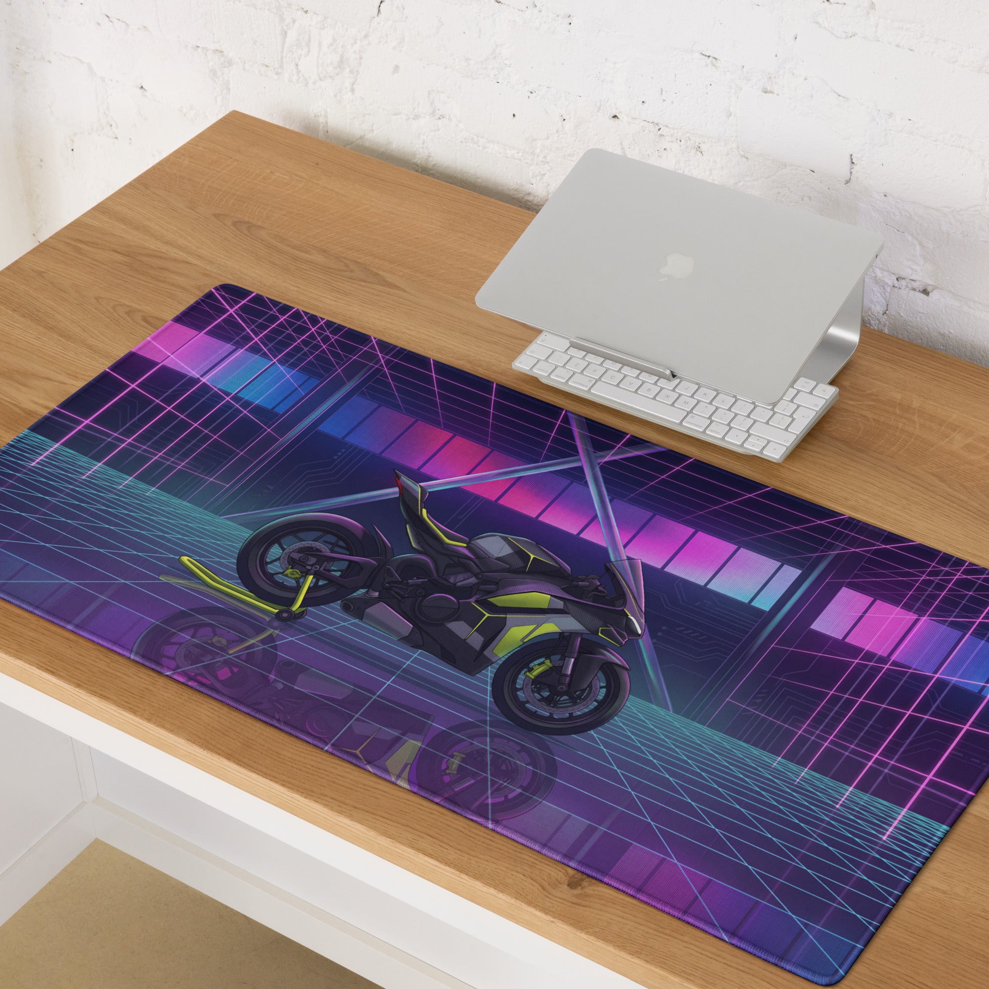 Ducati Panigale V4 Inspired Black Lime Vaporwave Gaming Mouse Pad – Neon Cyber Grid Desk Mat, Futuristic Synthwave Sportbike Digital Art