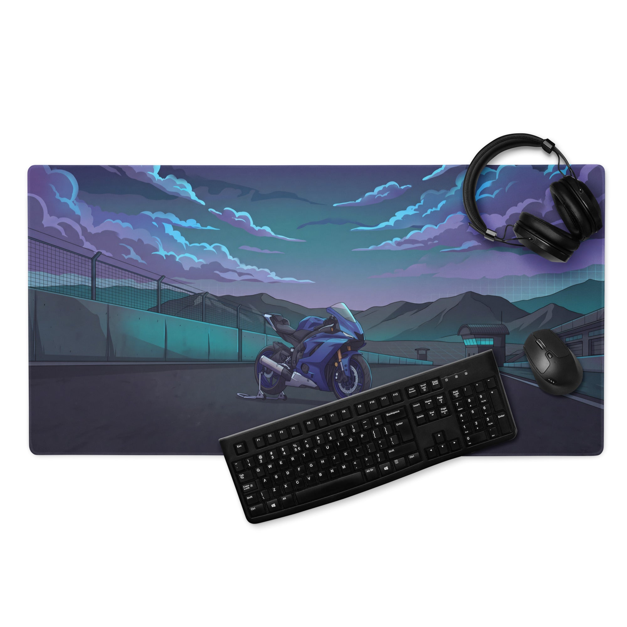 Yamaha YZF-R6 Inspired Blue Purple Vaporwave Gaming Mouse Pad – Moody Mountain Racetrack Desk Mat, Retro Futuristic Sportbike Digital Art