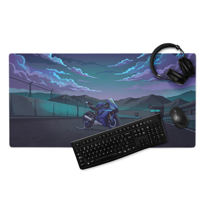 Yamaha YZF-R6 Inspired Blue Purple Vaporwave Gaming Mouse Pad – Moody Mountain Racetrack Desk Mat, Retro Futuristic Sportbike Digital Art