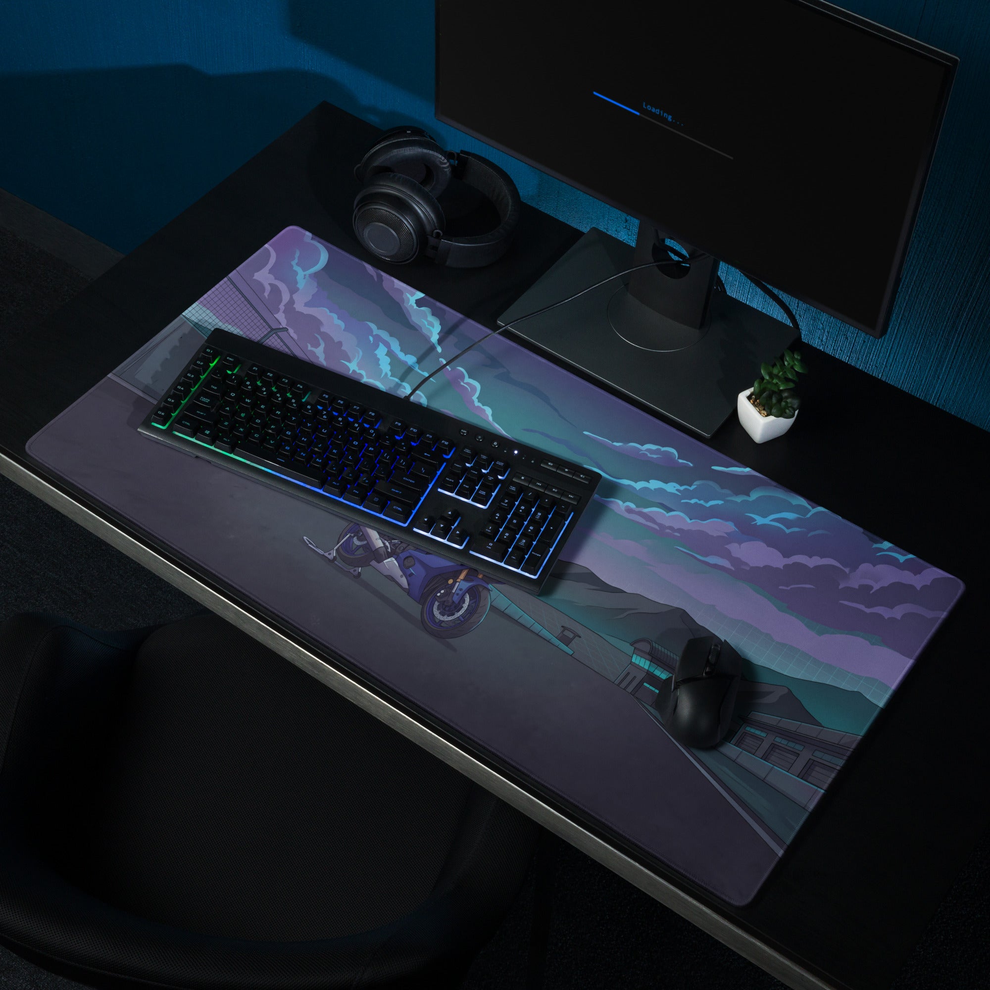 Yamaha YZF-R6 Inspired Blue Purple Vaporwave Gaming Mouse Pad – Moody Mountain Racetrack Desk Mat, Retro Futuristic Sportbike Digital Art