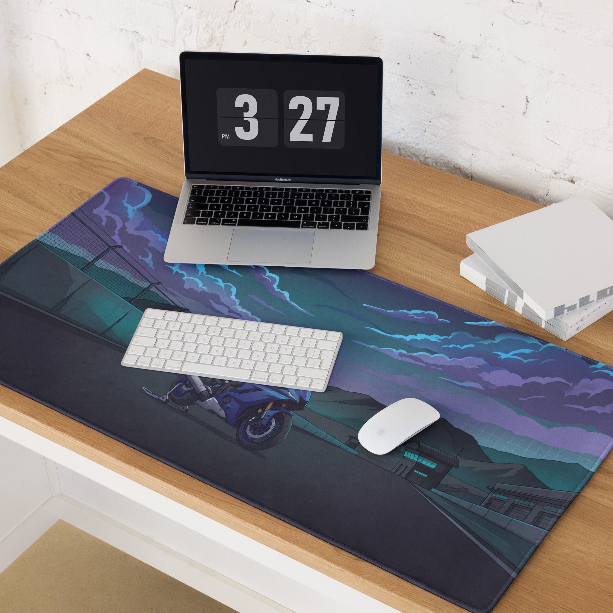Yamaha YZF-R6 Inspired Blue Purple Vaporwave Gaming Mouse Pad – Moody Mountain Racetrack Desk Mat, Retro Futuristic Sportbike Digital Art
