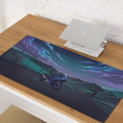Yamaha YZF-R6 Inspired Blue Purple Vaporwave Gaming Mouse Pad – Moody Mountain Racetrack Desk Mat, Retro Futuristic Sportbike Digital Art