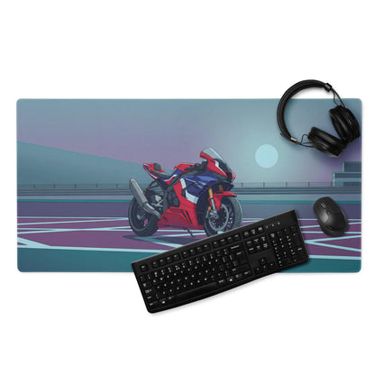 Honda CBR1000RR-R Fireblade Inspired Red Blue Vaporwave Gaming Mouse Pad – Moonlit Racetrack Desk Mat, Moody Retro Futuristic Sportbike Digital Art