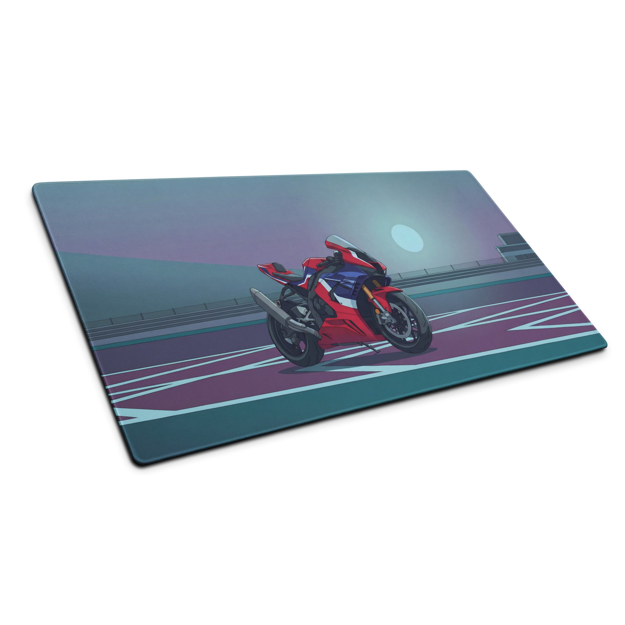Honda CBR1000RR-R Fireblade Inspired Red Blue Vaporwave Gaming Mouse Pad – Moonlit Racetrack Desk Mat, Moody Retro Futuristic Sportbike Digital Art