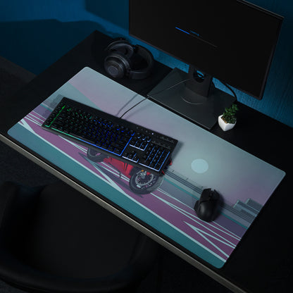 Honda CBR1000RR-R Fireblade Inspired Red Blue Vaporwave Gaming Mouse Pad – Moonlit Racetrack Desk Mat, Moody Retro Futuristic Sportbike Digital Art