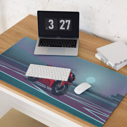 Honda CBR1000RR-R Fireblade Inspired Red Blue Vaporwave Gaming Mouse Pad – Moonlit Racetrack Desk Mat, Moody Retro Futuristic Sportbike Digital Art