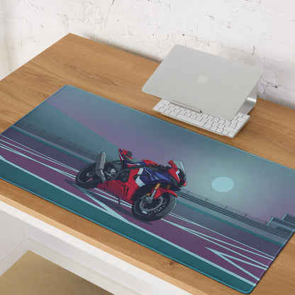 Honda CBR1000RR-R Fireblade Inspired Red Blue Vaporwave Gaming Mouse Pad – Moonlit Racetrack Desk Mat, Moody Retro Futuristic Sportbike Digital Art