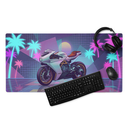 MV Agusta Superveloce 800 Inspired White Gold Vaporwave Gaming Mouse Pad – Neon Palm Sunset Desk Mat, Retro Futuristic Café Racer Digital Art