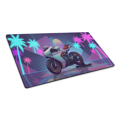 MV Agusta Superveloce 800 Inspired White Gold Vaporwave Gaming Mouse Pad – Neon Palm Sunset Desk Mat, Retro Futuristic Café Racer Digital Art