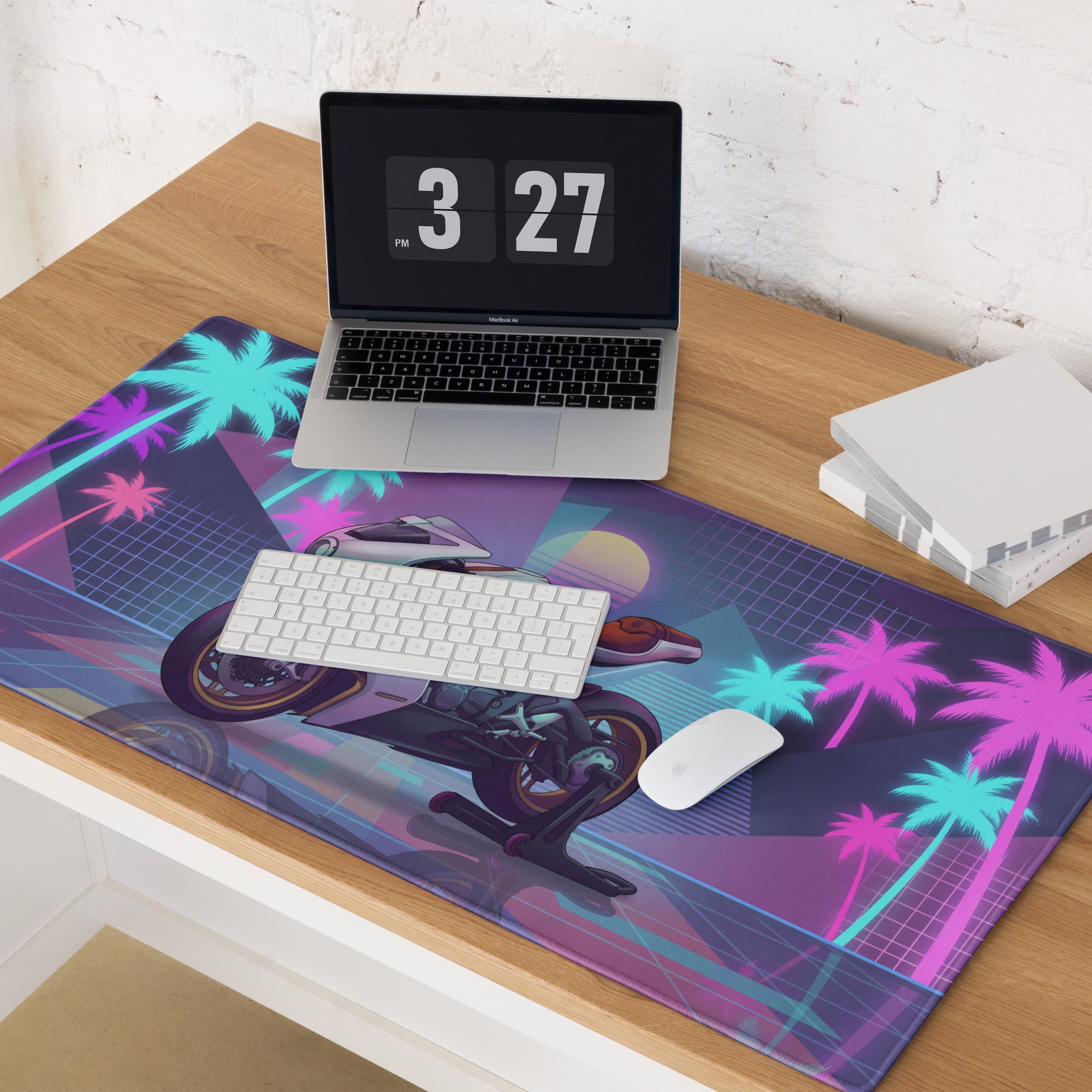 MV Agusta Superveloce 800 Inspired White Gold Vaporwave Gaming Mouse Pad – Neon Palm Sunset Desk Mat, Retro Futuristic Café Racer Digital Art