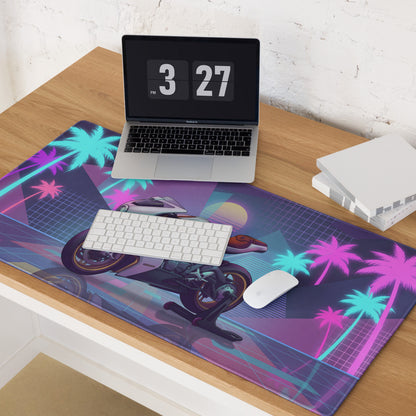 MV Agusta Superveloce 800 Inspired White Gold Vaporwave Gaming Mouse Pad – Neon Palm Sunset Desk Mat, Retro Futuristic Café Racer Digital Art