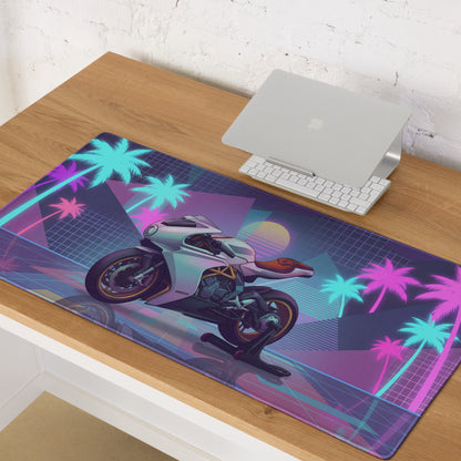 MV Agusta Superveloce 800 Inspired White Gold Vaporwave Gaming Mouse Pad – Neon Palm Sunset Desk Mat, Retro Futuristic Café Racer Digital Art