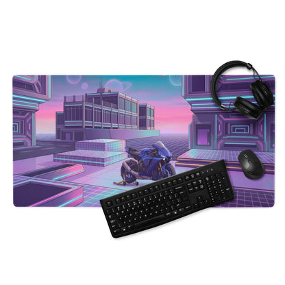 Yamaha YZF-R1 Inspired Blue Purple Vaporwave Gaming Mouse Pad – Neon Cyber City Desk Mat, Retro Futuristic Sportbike Digital Art