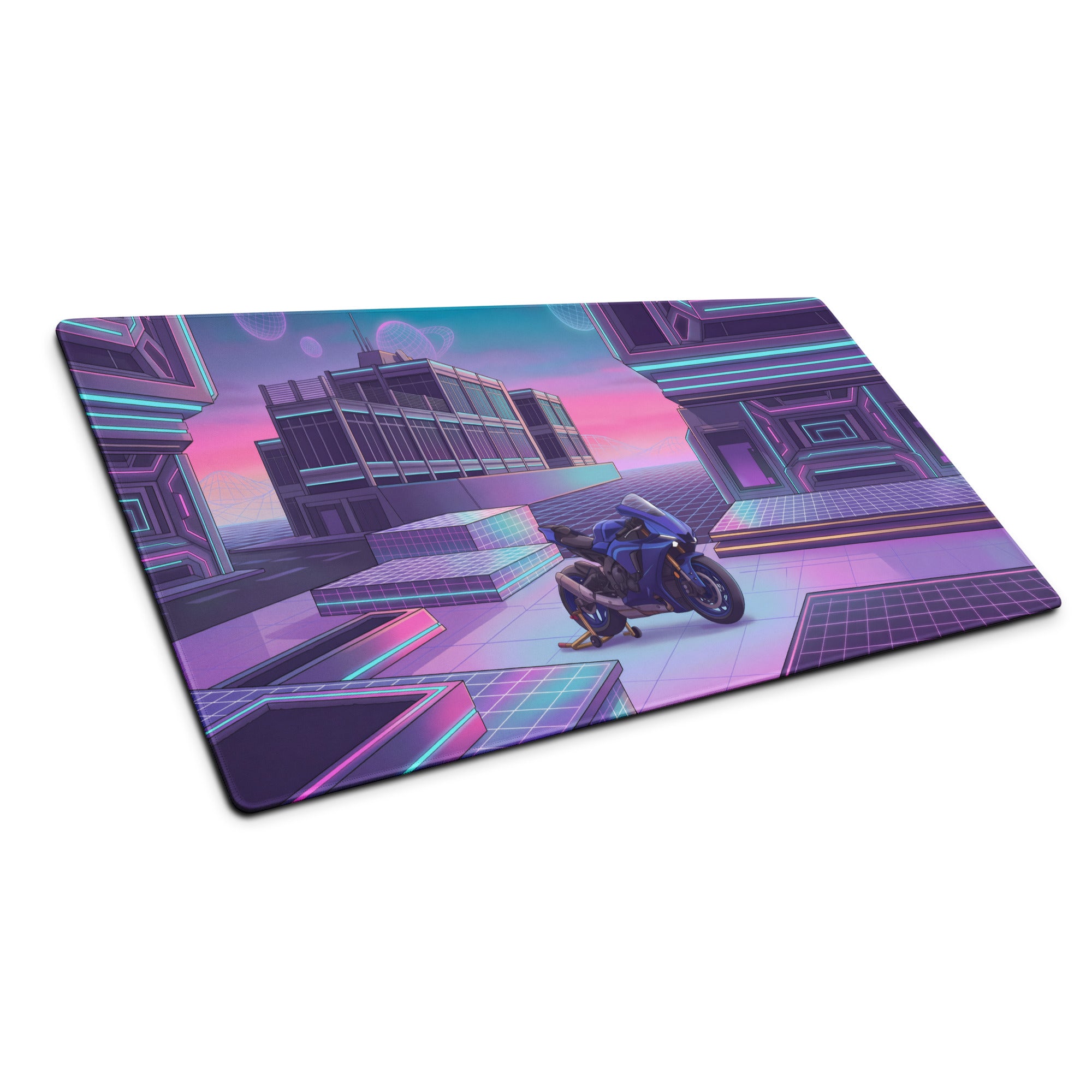Yamaha YZF-R1 Inspired Blue Purple Vaporwave Gaming Mouse Pad – Neon Cyber City Desk Mat, Retro Futuristic Sportbike Digital Art