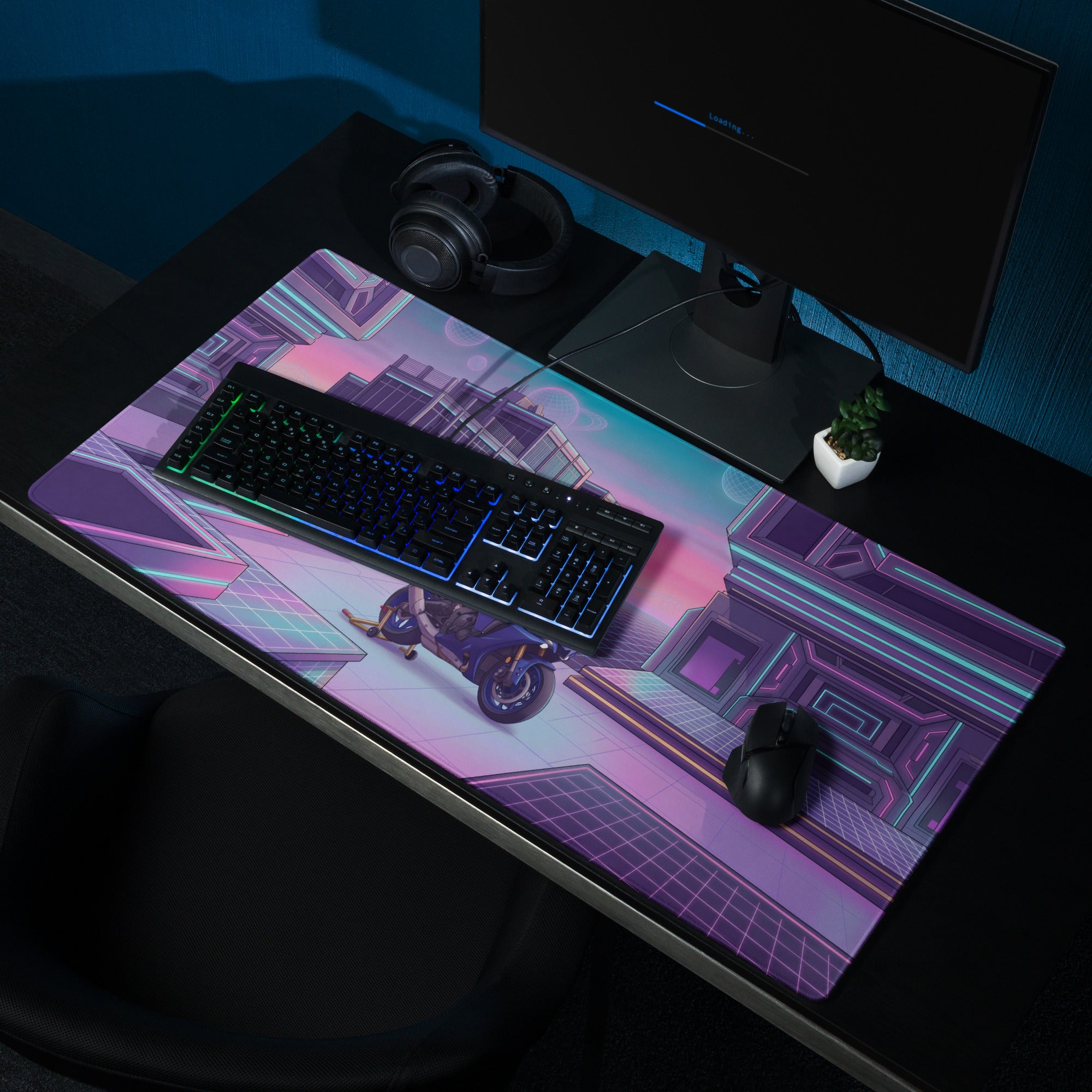 Yamaha YZF-R1 Inspired Blue Purple Vaporwave Gaming Mouse Pad – Neon Cyber City Desk Mat, Retro Futuristic Sportbike Digital Art