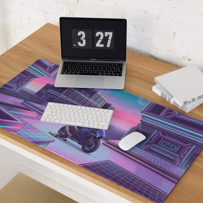 Yamaha YZF-R1 Inspired Blue Purple Vaporwave Gaming Mouse Pad – Neon Cyber City Desk Mat, Retro Futuristic Sportbike Digital Art