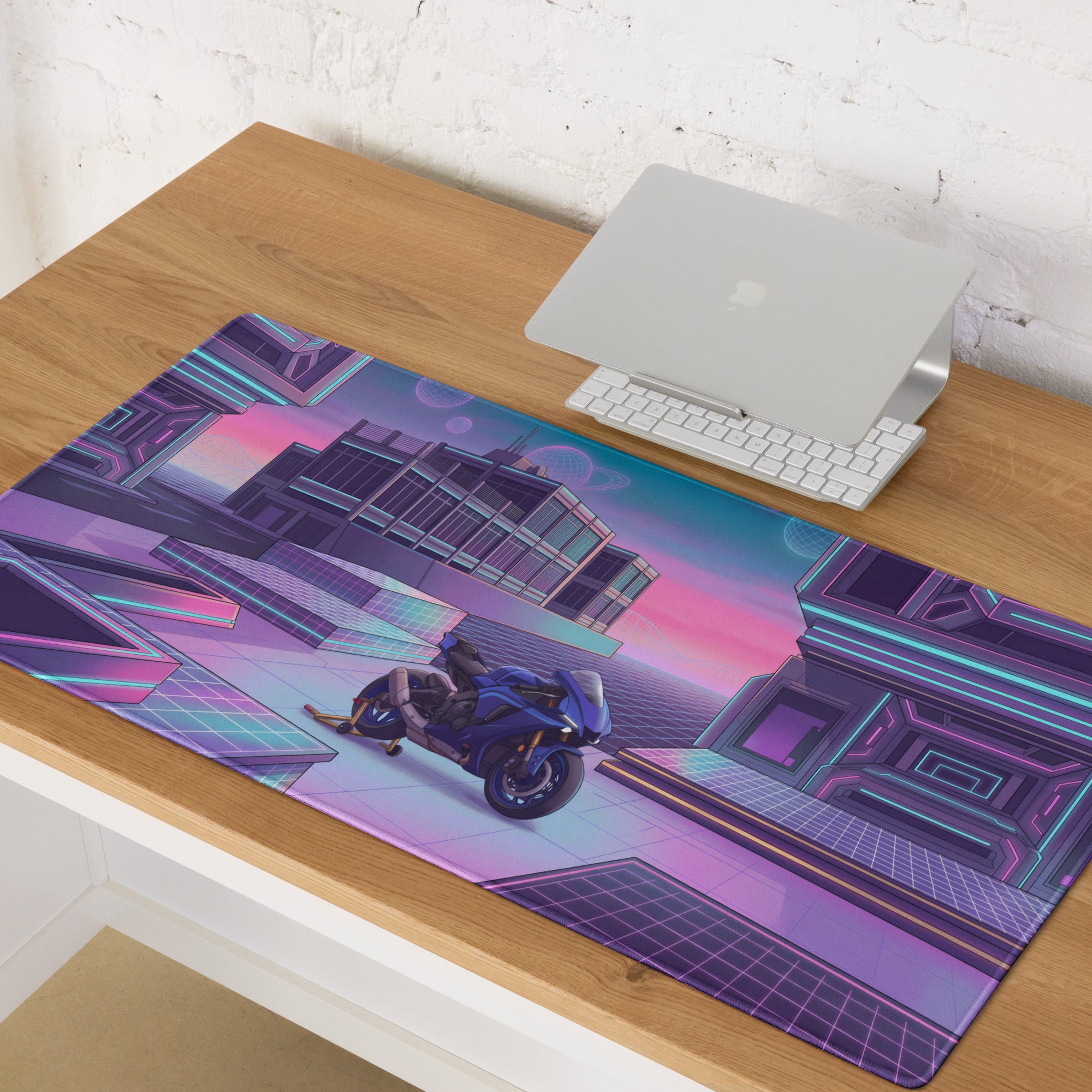 Yamaha YZF-R1 Inspired Blue Purple Vaporwave Gaming Mouse Pad – Neon Cyber City Desk Mat, Retro Futuristic Sportbike Digital Art