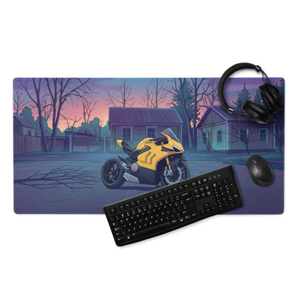 Ducati Panigale V4 Inspired Yellow Purple Vaporwave Gaming Mouse Pad – Twilight Suburban Street Desk Mat, Retro Futuristic Superbike Digital Art