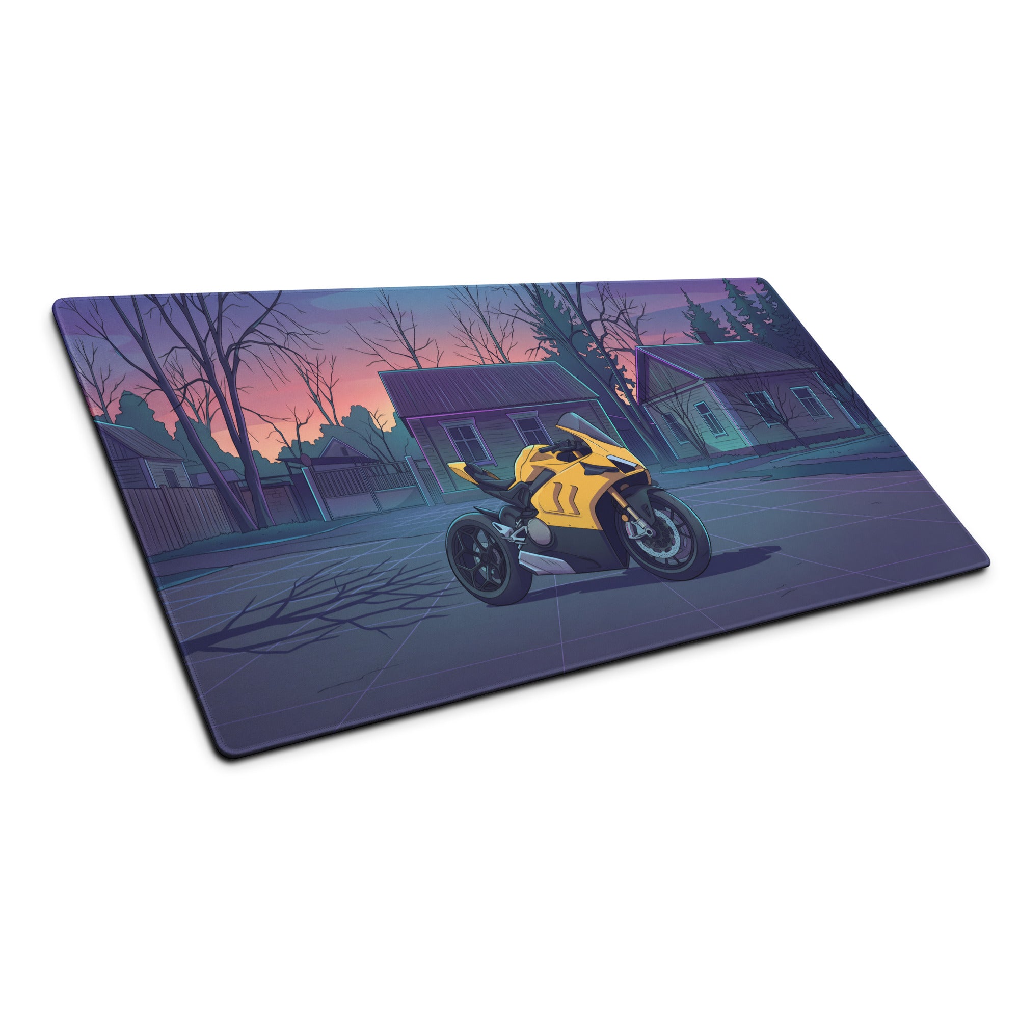 Ducati Panigale V4 Inspired Yellow Purple Vaporwave Gaming Mouse Pad – Twilight Suburban Street Desk Mat, Retro Futuristic Superbike Digital Art