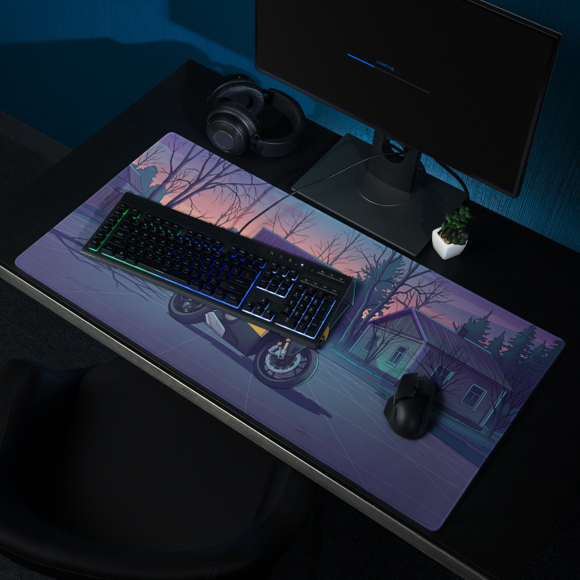 Ducati Panigale V4 Inspired Yellow Purple Vaporwave Gaming Mouse Pad – Twilight Suburban Street Desk Mat, Retro Futuristic Superbike Digital Art