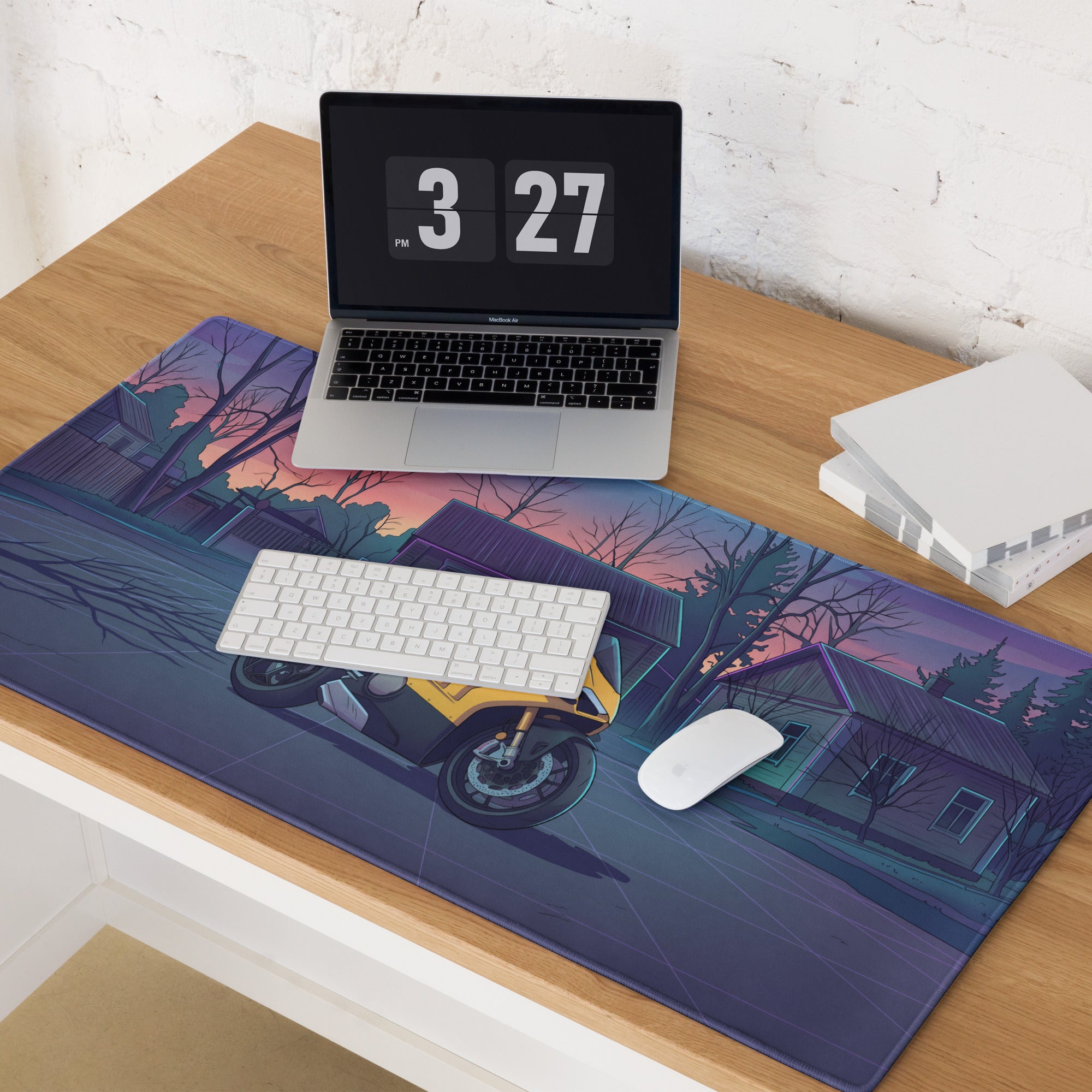 Ducati Panigale V4 Inspired Yellow Purple Vaporwave Gaming Mouse Pad – Twilight Suburban Street Desk Mat, Retro Futuristic Superbike Digital Art