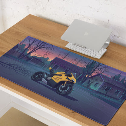 Ducati Panigale V4 Inspired Yellow Purple Vaporwave Gaming Mouse Pad – Twilight Suburban Street Desk Mat, Retro Futuristic Superbike Digital Art