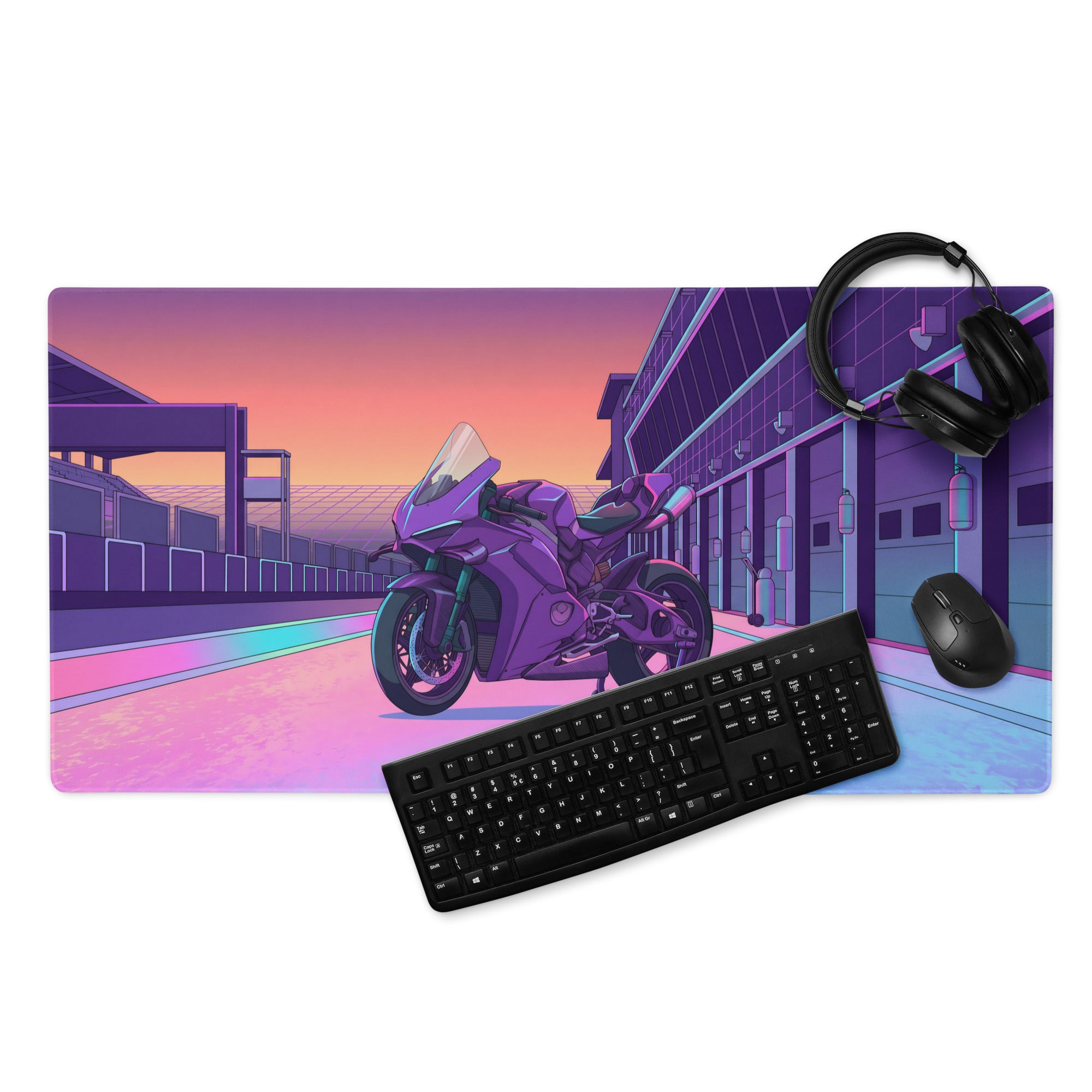 Ducati Panigale V4S Inspired Purple Pink Vaporwave Gaming Mouse Pad – Neon Pit Lane Desk Mat, Retro Futuristic Superbike Digital Art