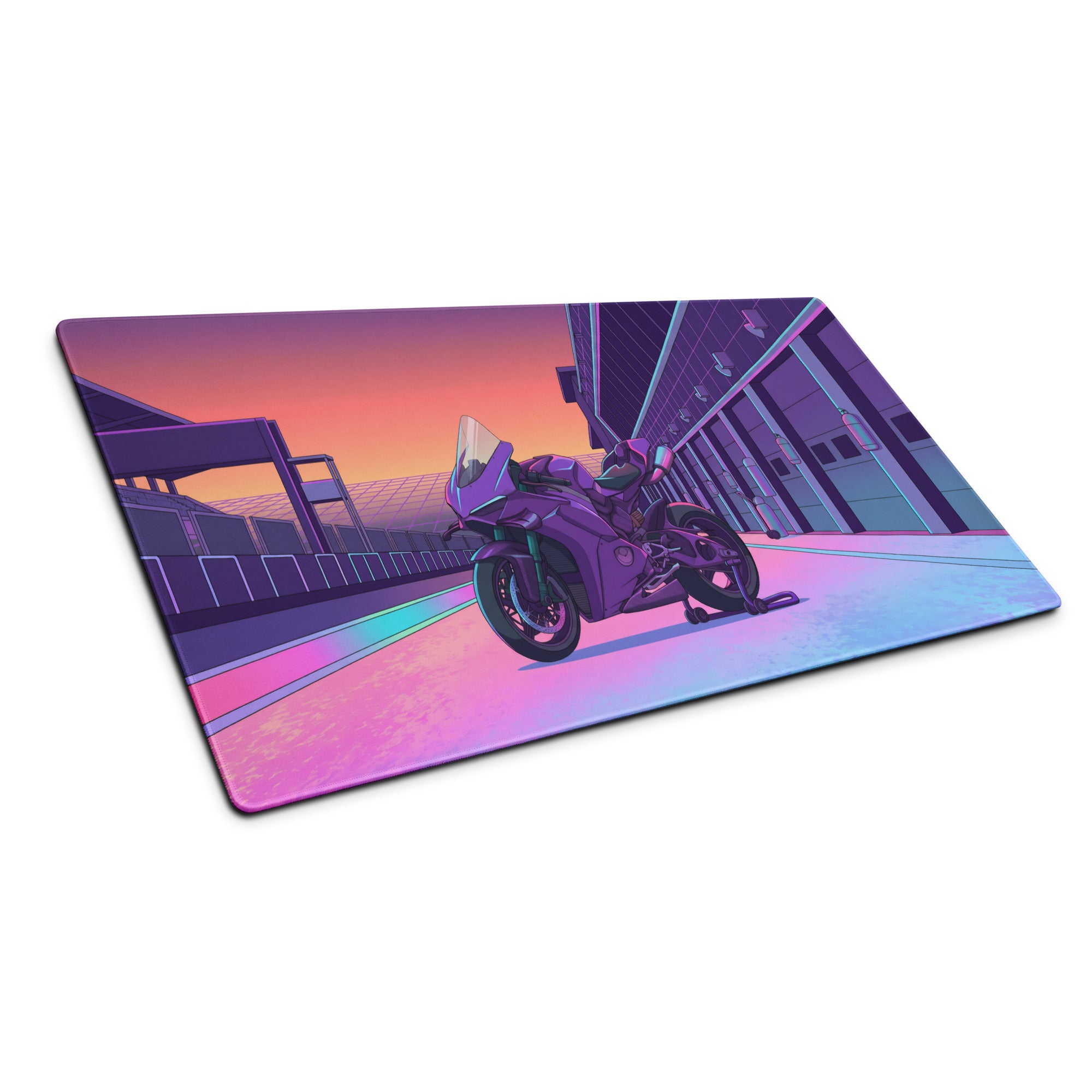 Ducati Panigale V4S Inspired Purple Pink Vaporwave Gaming Mouse Pad – Neon Pit Lane Desk Mat, Retro Futuristic Superbike Digital Art