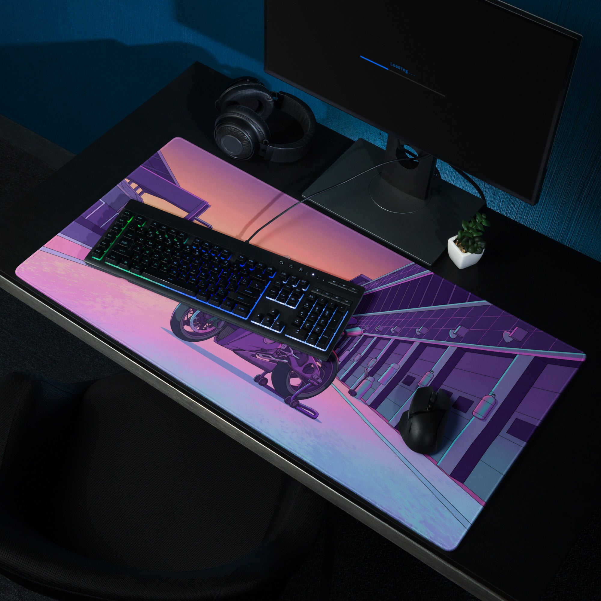 Ducati Panigale V4S Inspired Purple Pink Vaporwave Gaming Mouse Pad – Neon Pit Lane Desk Mat, Retro Futuristic Superbike Digital Art