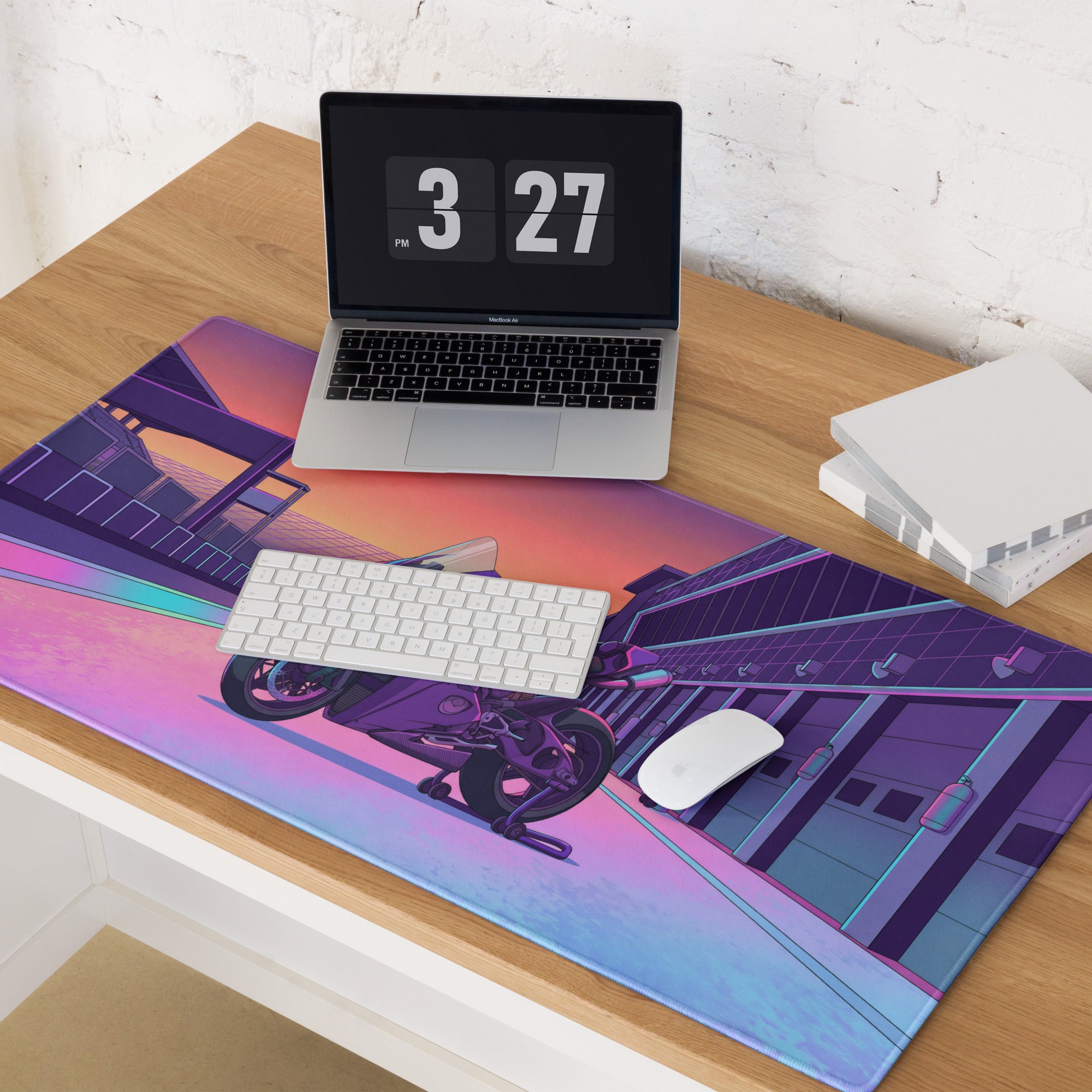Ducati Panigale V4S Inspired Purple Pink Vaporwave Gaming Mouse Pad – Neon Pit Lane Desk Mat, Retro Futuristic Superbike Digital Art