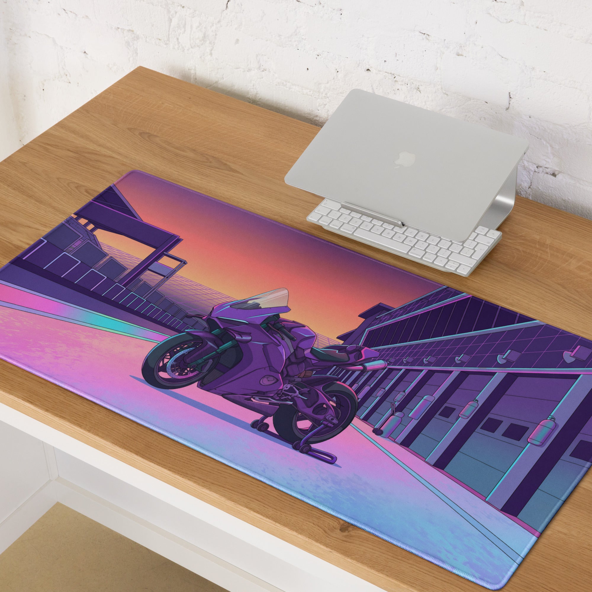 Ducati Panigale V4S Inspired Purple Pink Vaporwave Gaming Mouse Pad – Neon Pit Lane Desk Mat, Retro Futuristic Superbike Digital Art