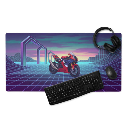 Honda CBR1000RR-R Fireblade Inspired Red Blue Vaporwave Gaming Mouse Pad – Neon Grid Sunset Desk Mat, Retro Futuristic Sportbike Digital Art