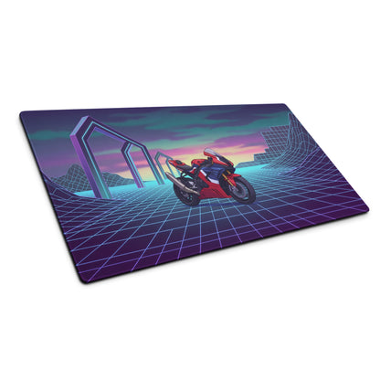 Honda CBR1000RR-R Fireblade Inspired Red Blue Vaporwave Gaming Mouse Pad – Neon Grid Sunset Desk Mat, Retro Futuristic Sportbike Digital Art